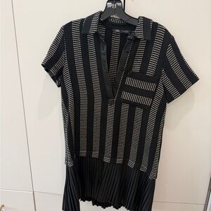 Zara Black and White Mini Dress with Pleated Hem